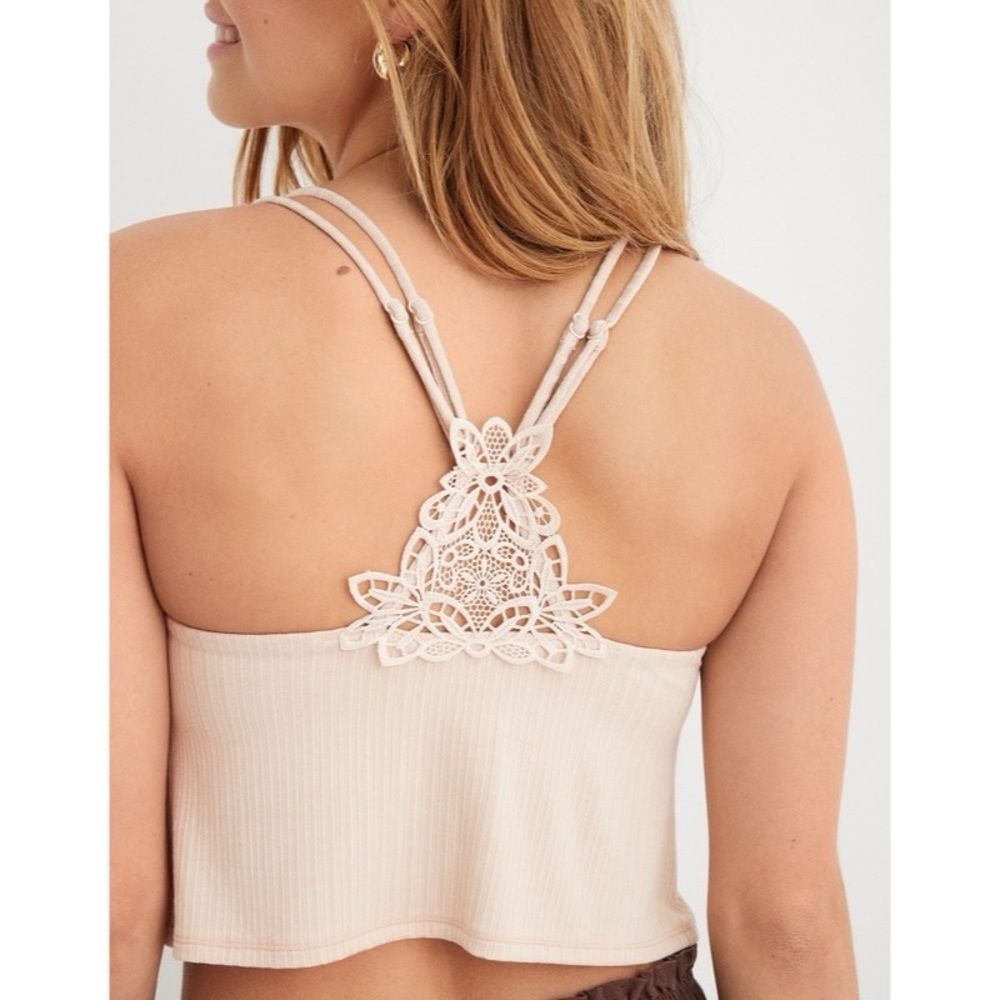NWT AERIE RIBBED APPLIQUE LACE LONGLINE BRALETTE Brown Womens Size XS